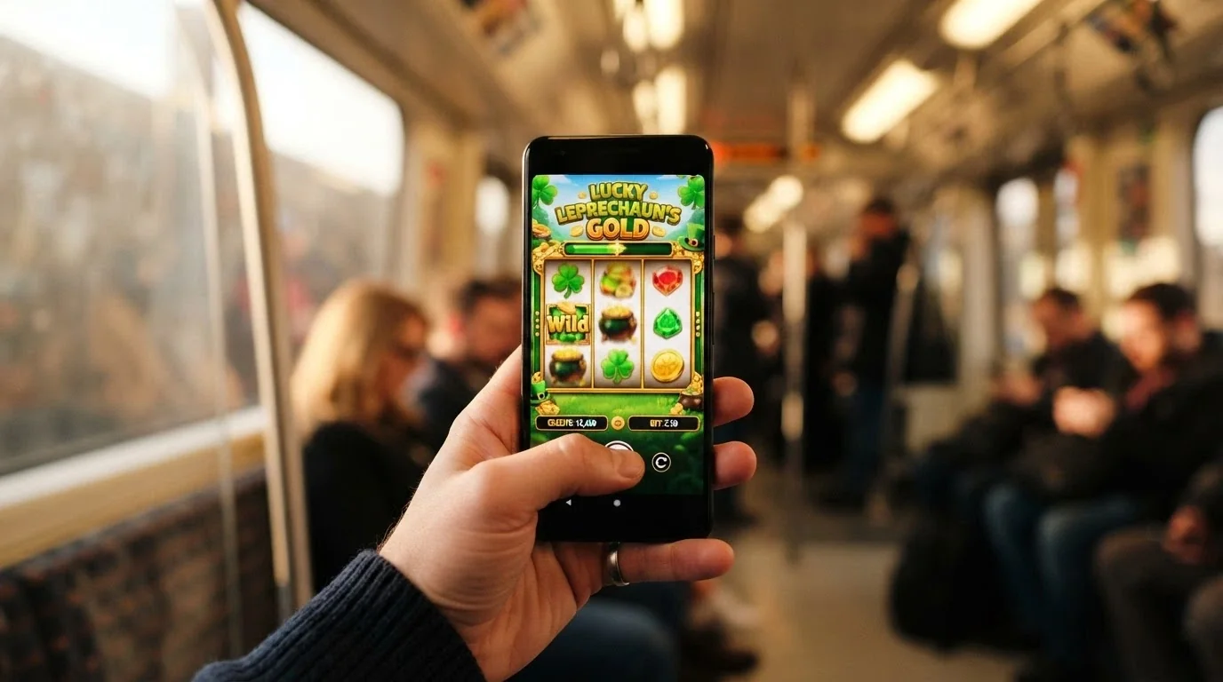 Una mano che tiene uno smartphone in verticale con una slot in esecuzione, lo schermo riflette la grafica colorata del gioco su uno sfondo da treno o metropolitana