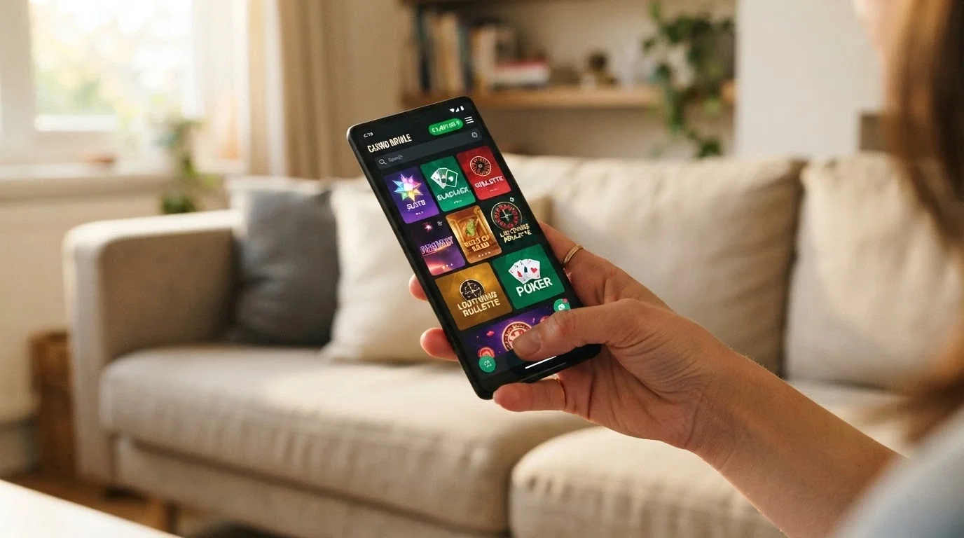 Schermo di uno smartphone con un casinò crypto aperto nel browser mobile, la lobby dei giochi visibile e il saldo in DOGE