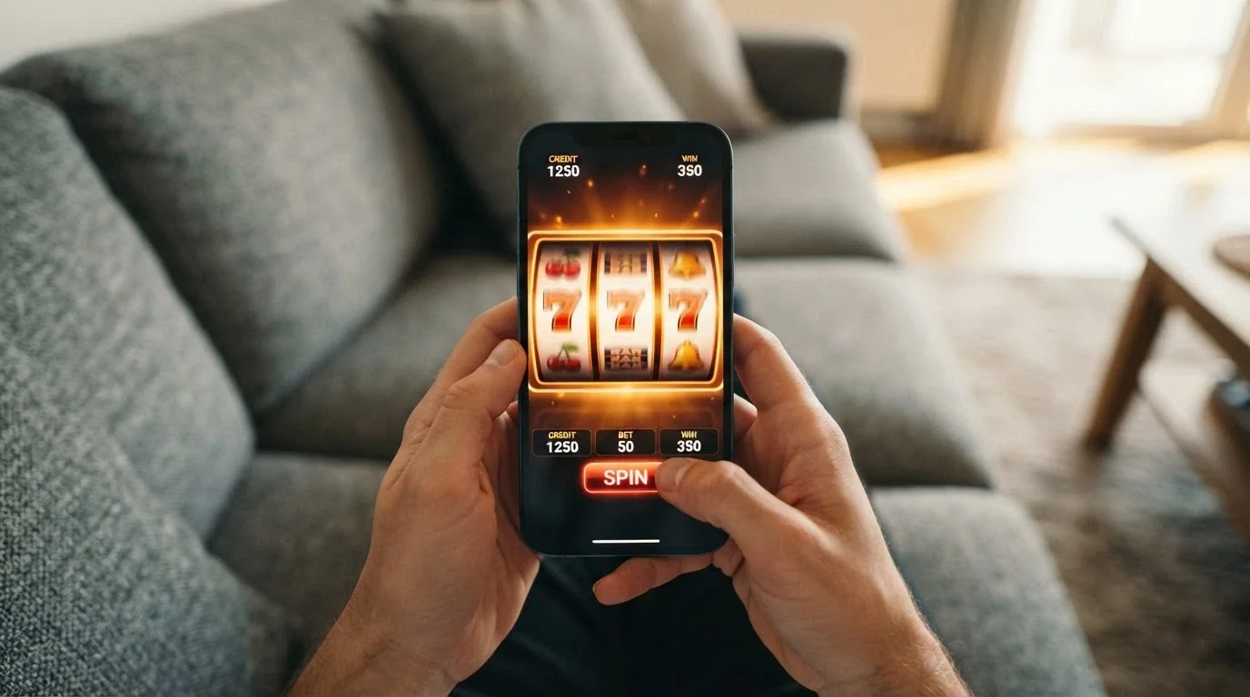 Mani che giocano a una slot su smartphone con l'interfaccia mobile di un casinò non AAMS