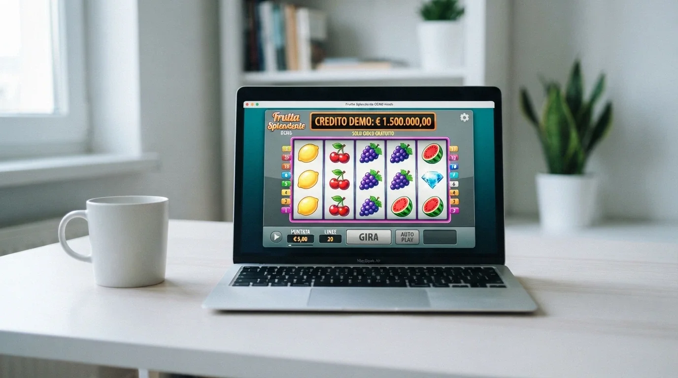 Schermata di una slot in modalità demo con credito virtuale illimitato e nessuna opzione di prelievo