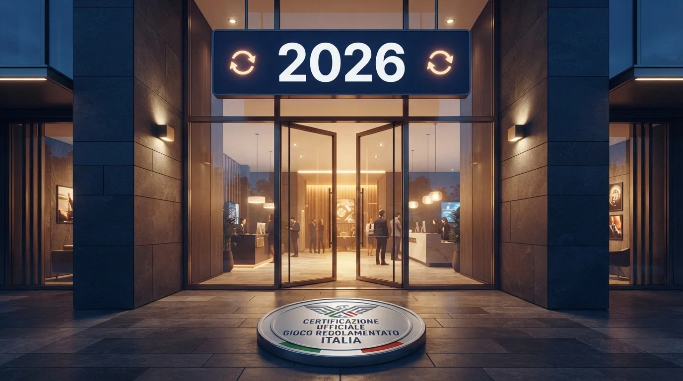 Un cartello «Nuova Concessione 2026» stilizzato su un portale di casinò con icone di giri gratis e un sigillo ADM in primo piano