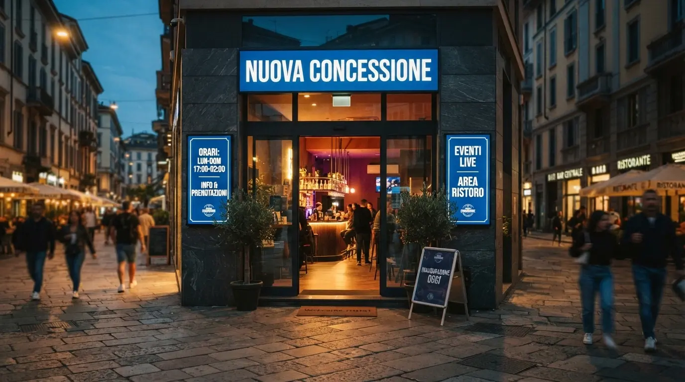 L'ingresso di un casinò online appena inaugurato, con un cartello «Nuova Concessione ADM» luminoso sopra la porta, in una strada di insegne di casinò