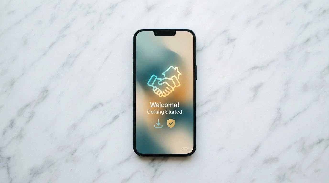 Un iPhone con una schermata di benvenuto moderna e minimalista, l'anno 2026 in sovrimpressione discreta, icone di download e verifica ADM visibili, sfondo sfumato