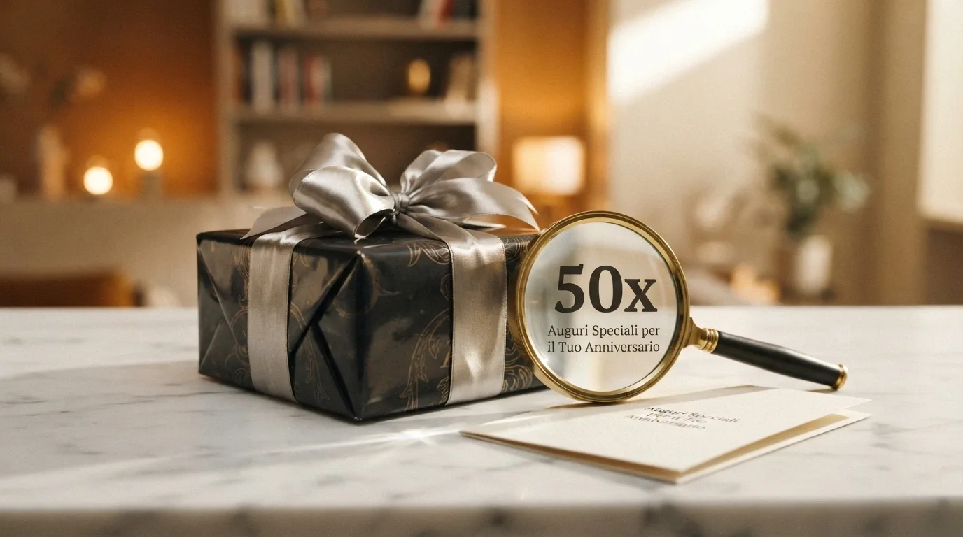 Un pacco regalo con un nastro luccicante, accanto a una lente di ingrandimento che rivela una clausola in piccolo con la scritta «rollover 50x»