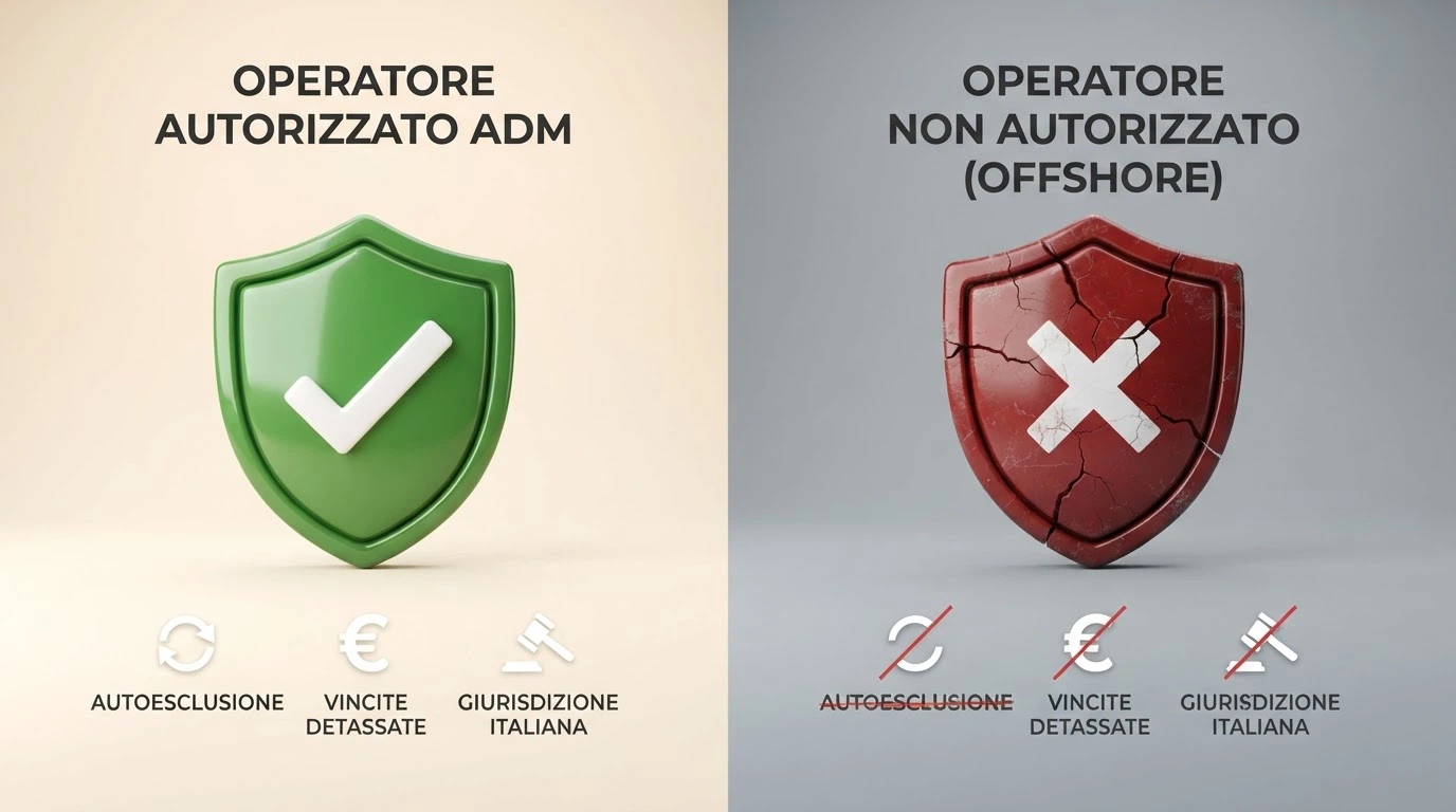 Due pannelli contrastanti: a sinistra un'interfaccia pulita con il simbolo ADM e diciture «RUA attivo», «Vincite non tassate», «Foro italiano»; a destra un'interfaccia generica con icone barrate per le stesse voci