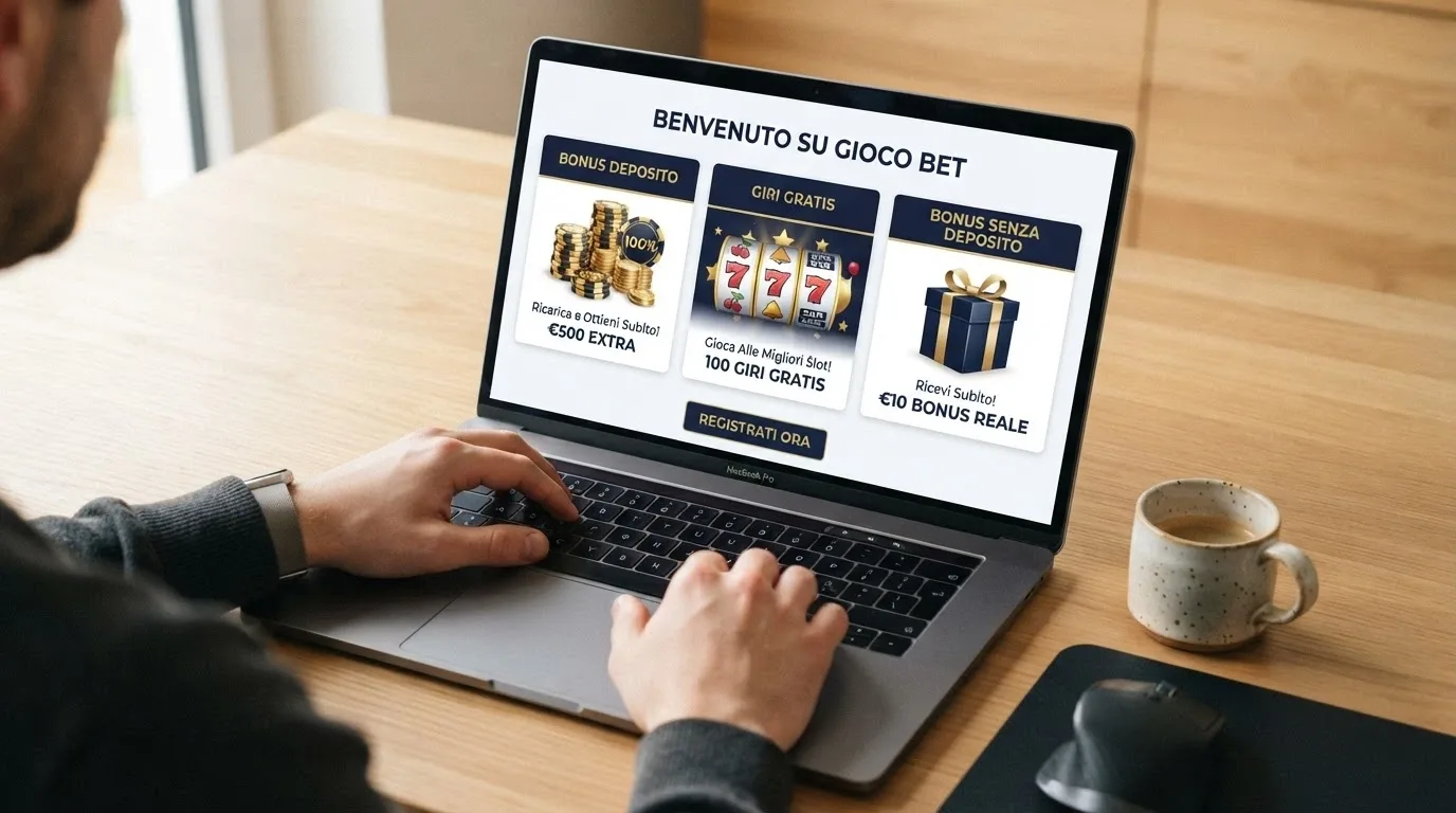 Lo schermo di benvenuto di un casinò online con tre riquadri che mostrano le componenti del pacchetto: bonus deposito, giri gratis e bonus senza deposito