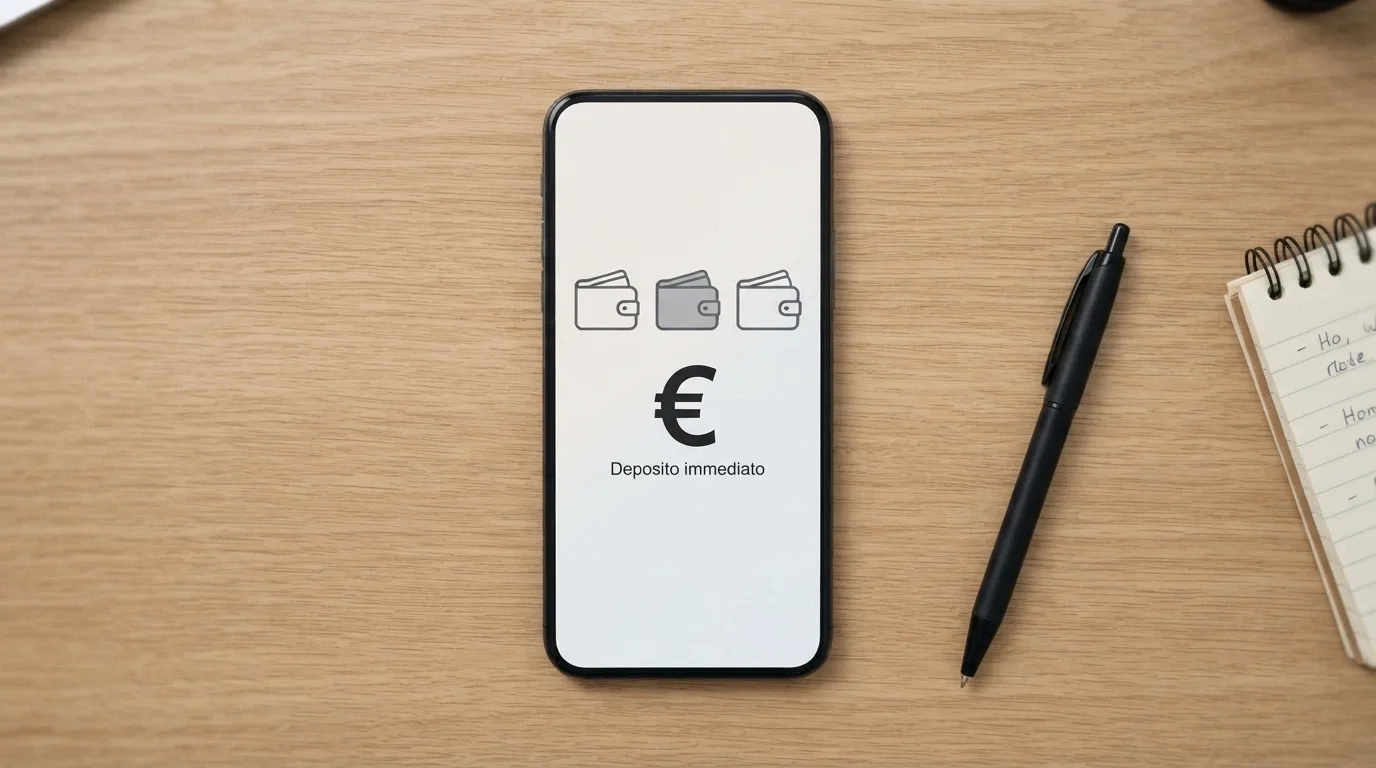 Uno smartphone con le icone di PayPal, Skrill e Neteller allineate sopra la scritta «Deposito immediato»