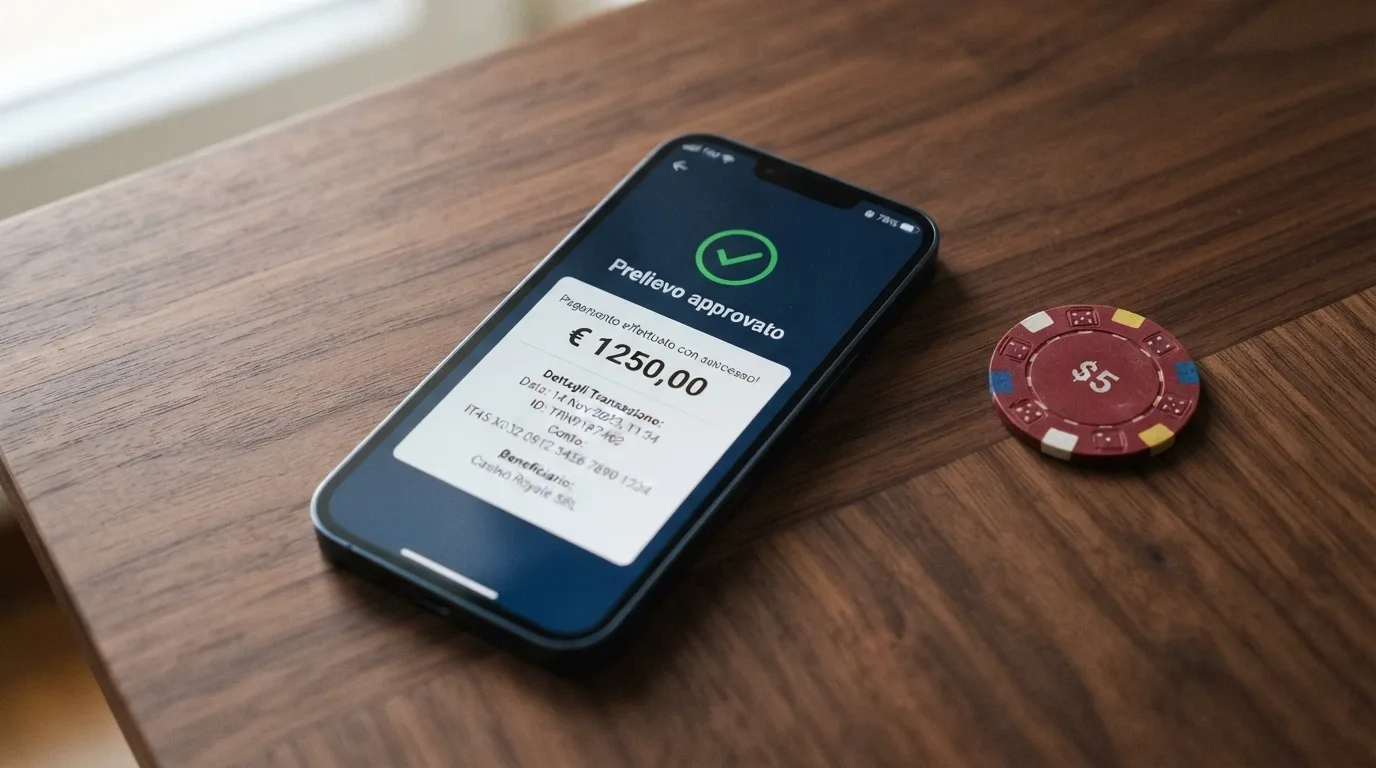 Uno smartphone che mostra una schermata di prelievo approvato con la dicitura 'prioritario' e una carta di credito accanto