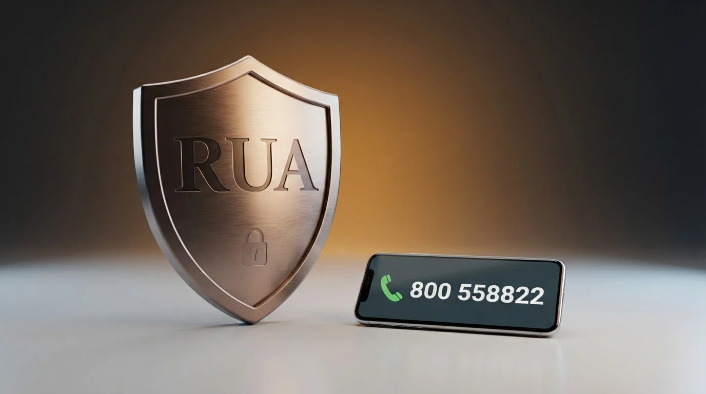 Uno scudo con la sigla RUA e un telefono con il numero verde 800 558822