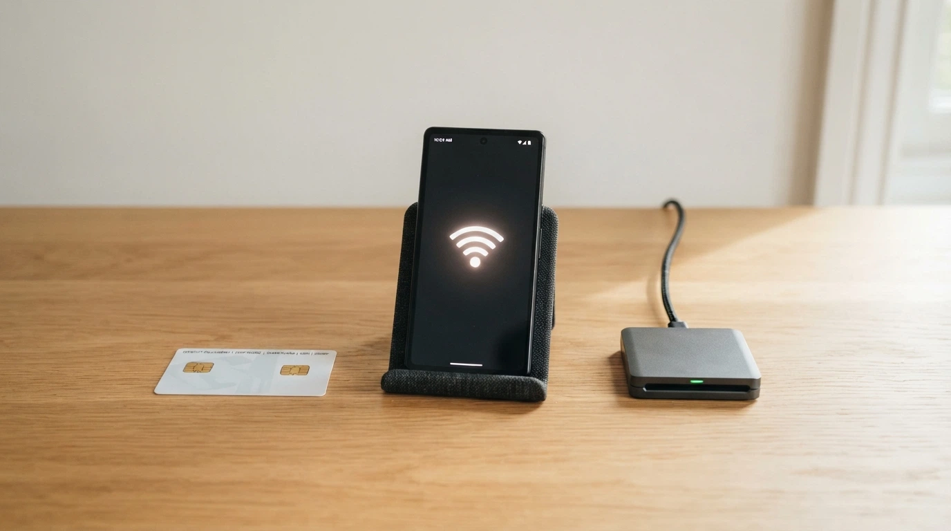 Una Carta d'Identità Elettronica, uno smartphone con il simbolo NFC e un lettore RFID da tavolo disposti su una scrivania