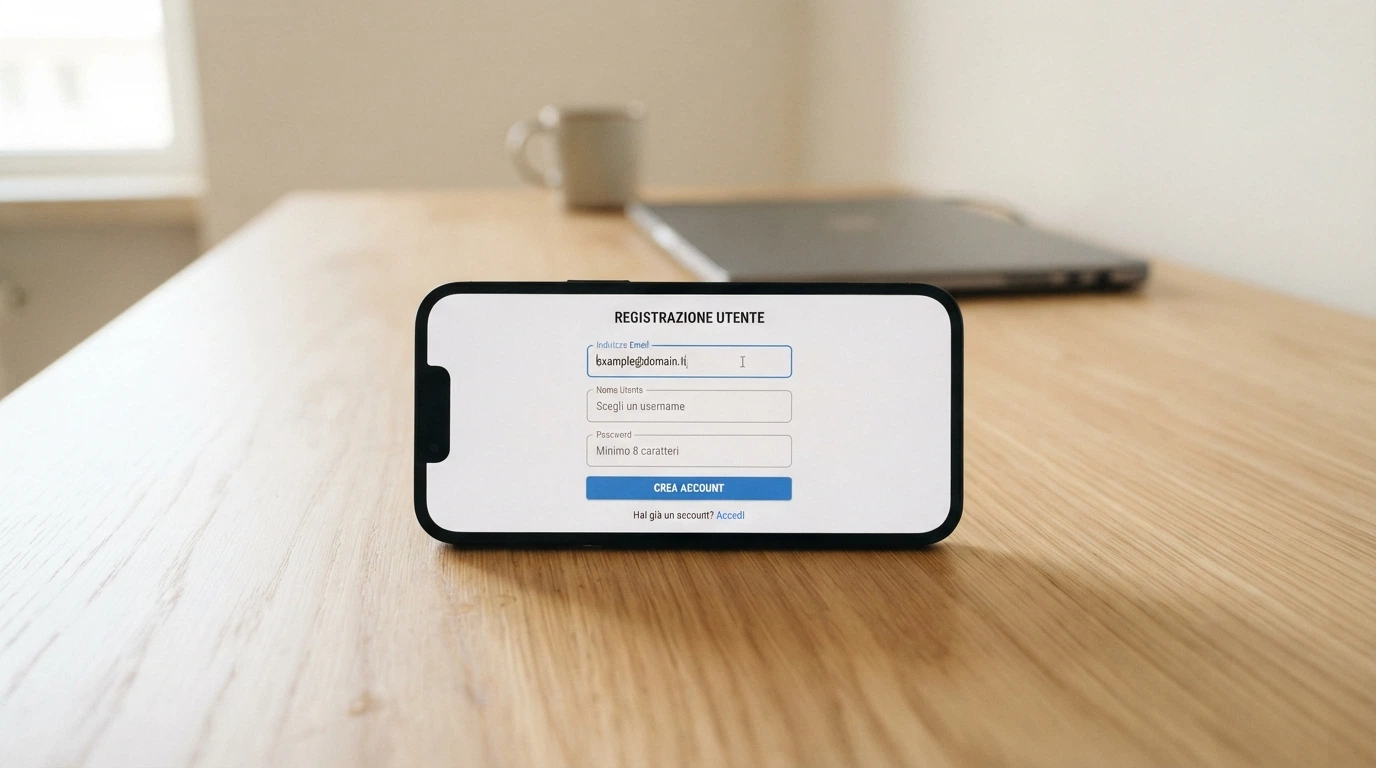 Pagina di iscrizione minimale con campi email, username e password