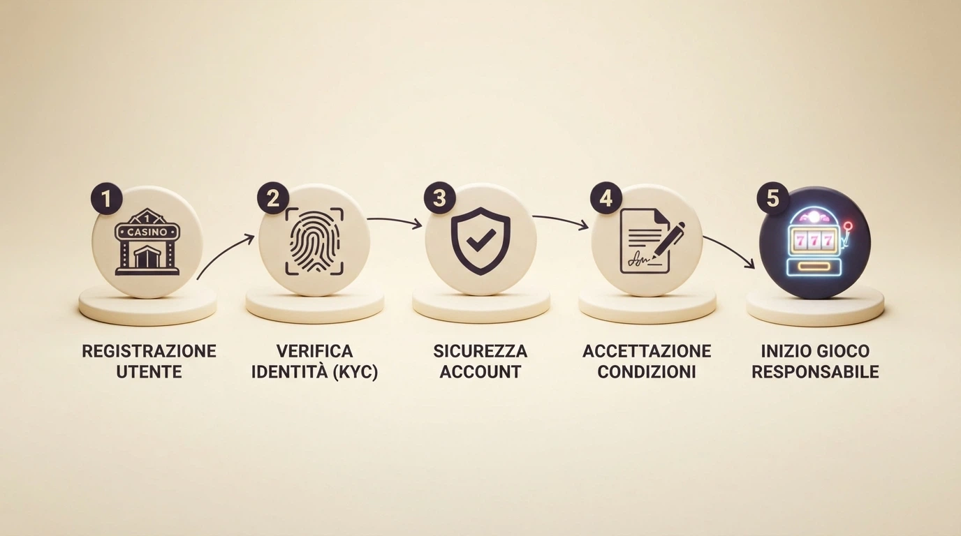 Sequenza illustrata dei 5 passaggi della registrazione SPID: dalla scelta del provider all'accesso al conto di gioco