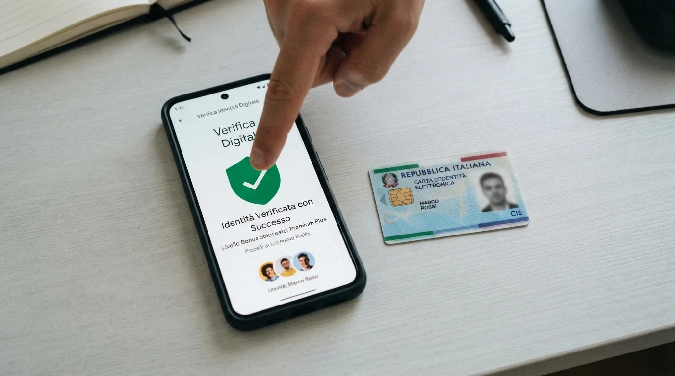 Una carta d'identità elettronica e lo schermo di un telefono con il logo SPID accostati, con una freccia che collega l'identità verificata a un importo bonus più alto