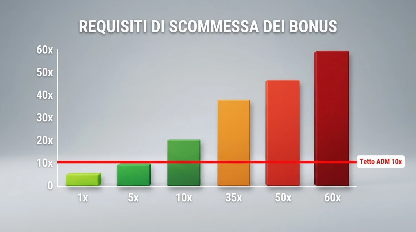 Grafico a barre che confronta il requisito di puntata di sei bonus: 1x, 5x, 10x, 35x, 50x, 60x, con una linea rossa sul nuovo tetto del 10x