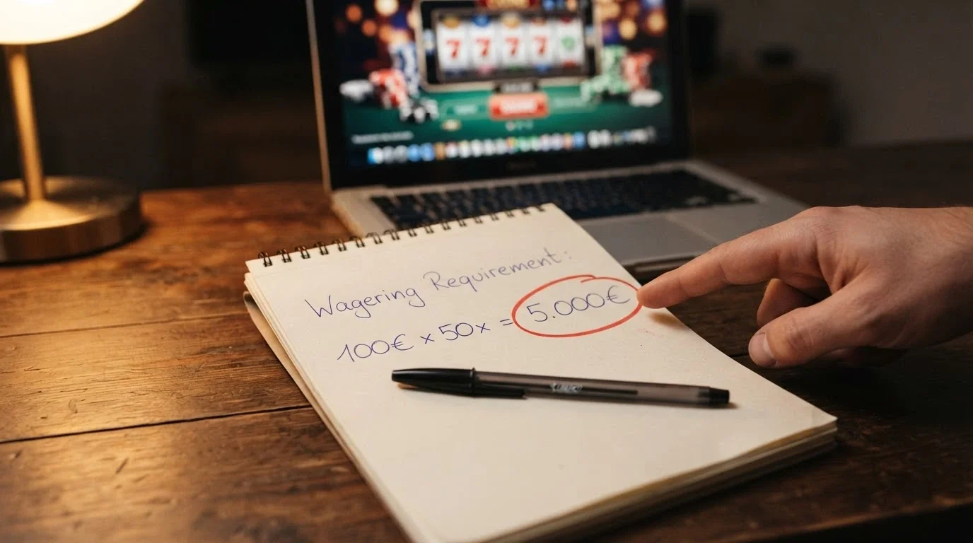 Un primo piano di una calcolatrice accanto a un foglio con una formula scritta a mano: «100€ × 50x = 5.000€ di giocate», con il totale cerchiato in rosso, su uno sfondo di un casinò online sfocato