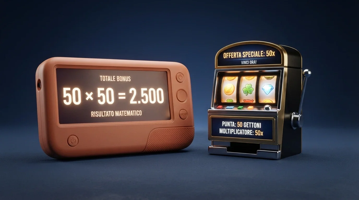 Una calcolatrice stilizzata con il display che mostra la moltiplicazione 50 × 50 = 2.500, affiancata da una slot machine in miniatura