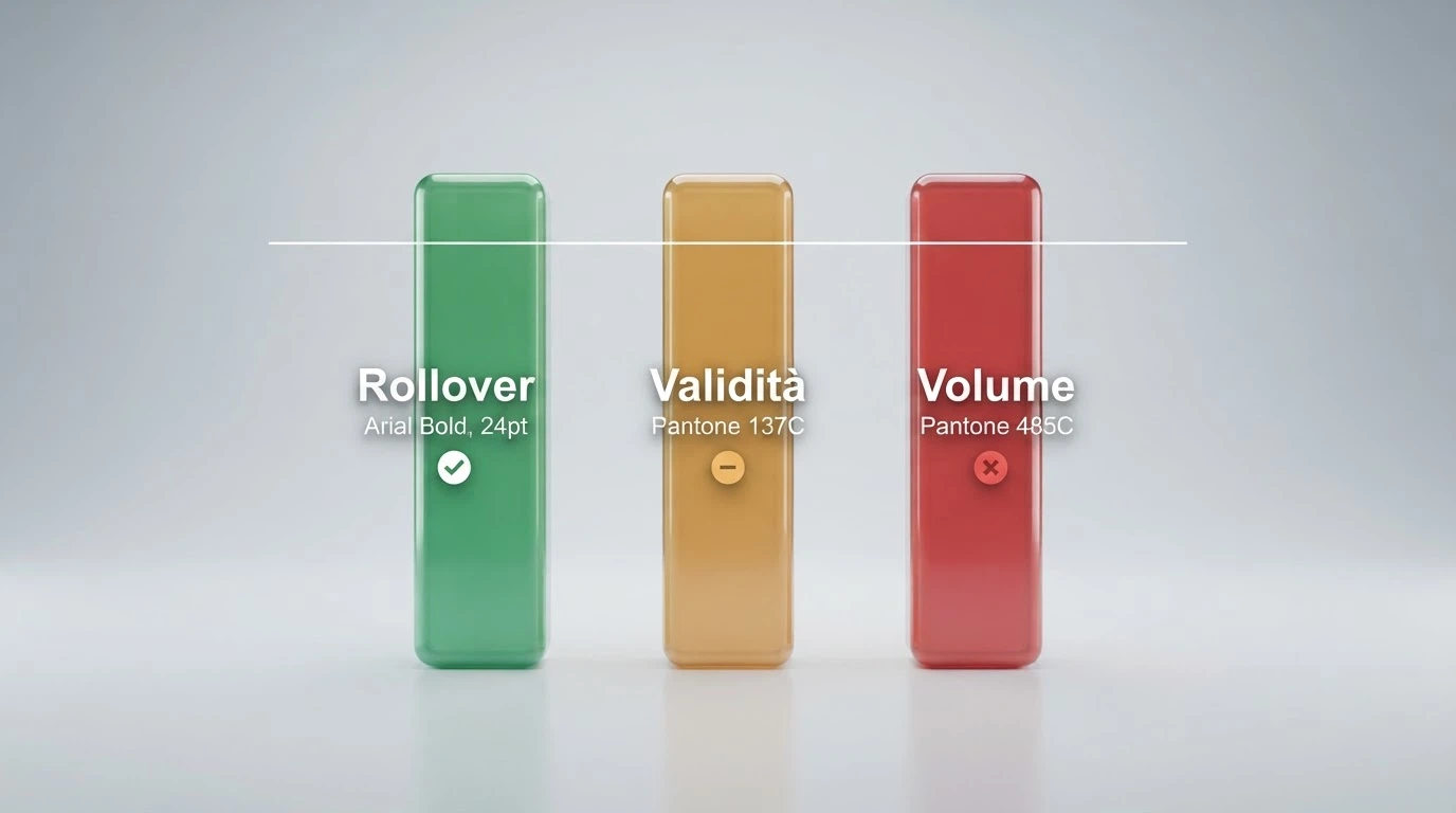 Una tabella con tre colonne evidenziate — rollover, validità, volume giornaliero — e un segno di spunta su una riga e una croce su un'altra
