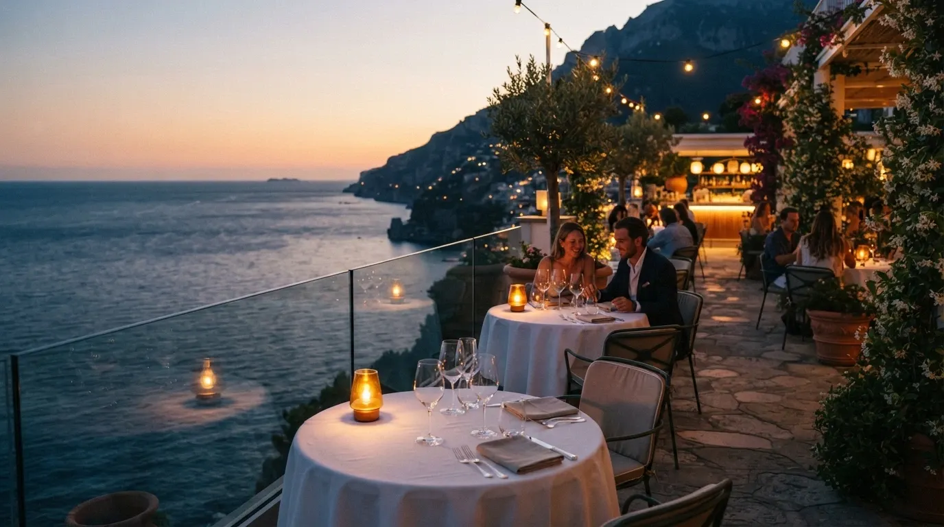Terrazza panoramica del Roof Garden del Casinò di Sanremo con tavoli apparecchiati e vista sul mare