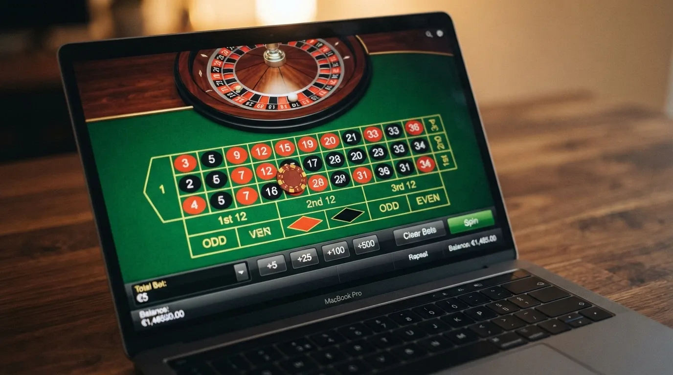 Dettaglio del pannello puntate di una roulette online con il gettone da 0,10€ selezionato e il tavolo virtuale sullo sfondo