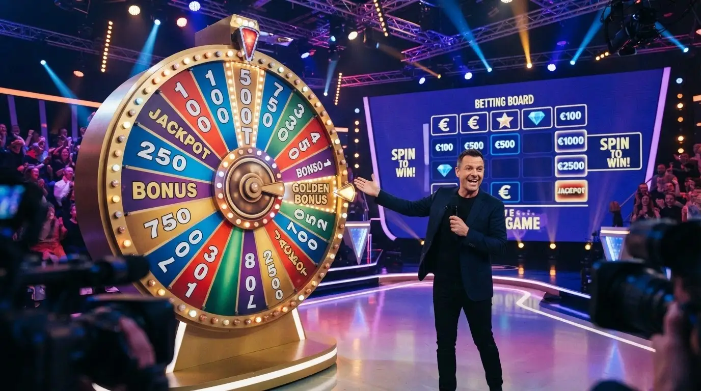 La grande ruota verticale di Crazy Time in uno studio televisivo colorato, con il presentatore in piedi accanto al meccanismo e il tabellone delle puntate sullo schermo