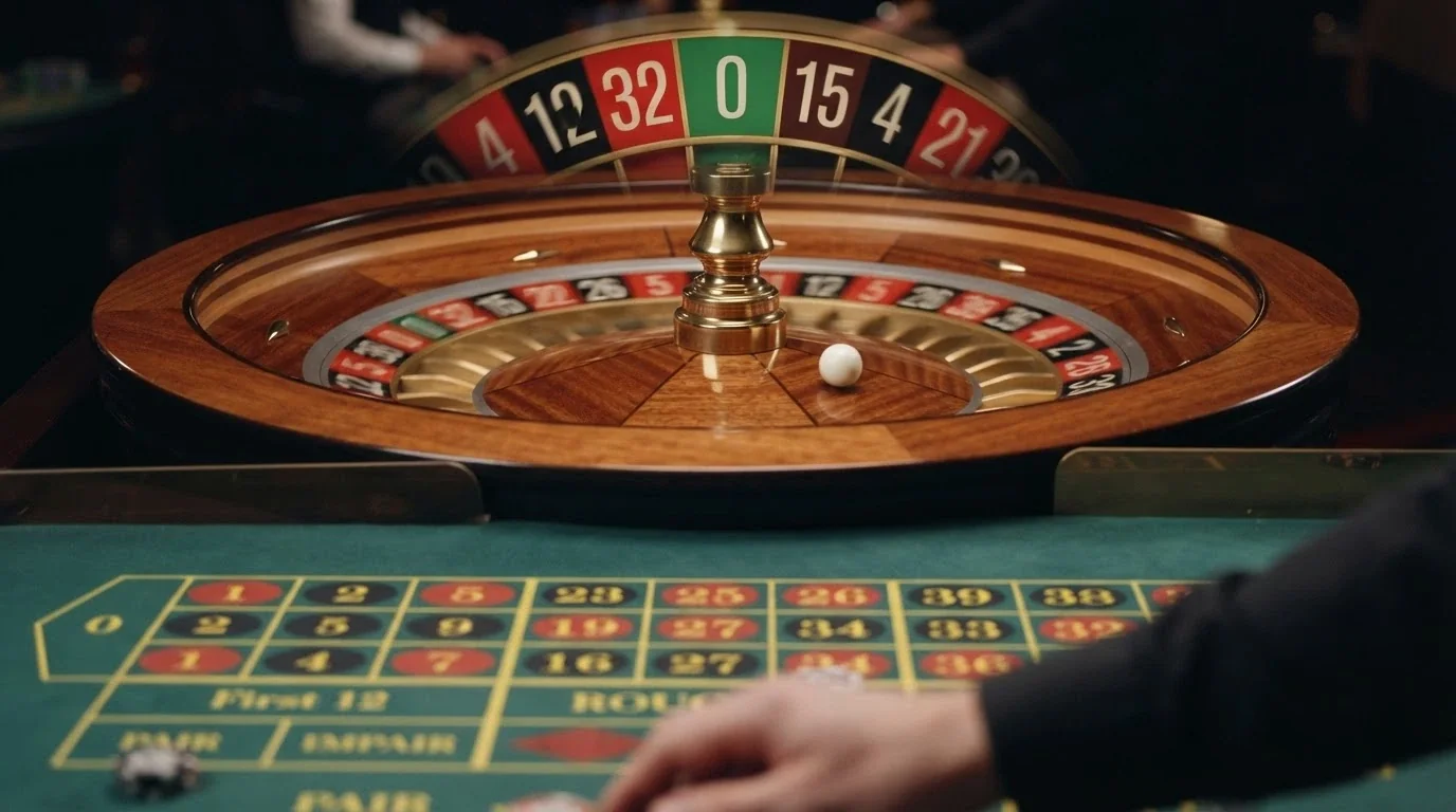 Primo piano di una ruota della roulette europea con la pallina in movimento nella corsa, croupier sullo sfondo e panno verde con la griglia delle puntate