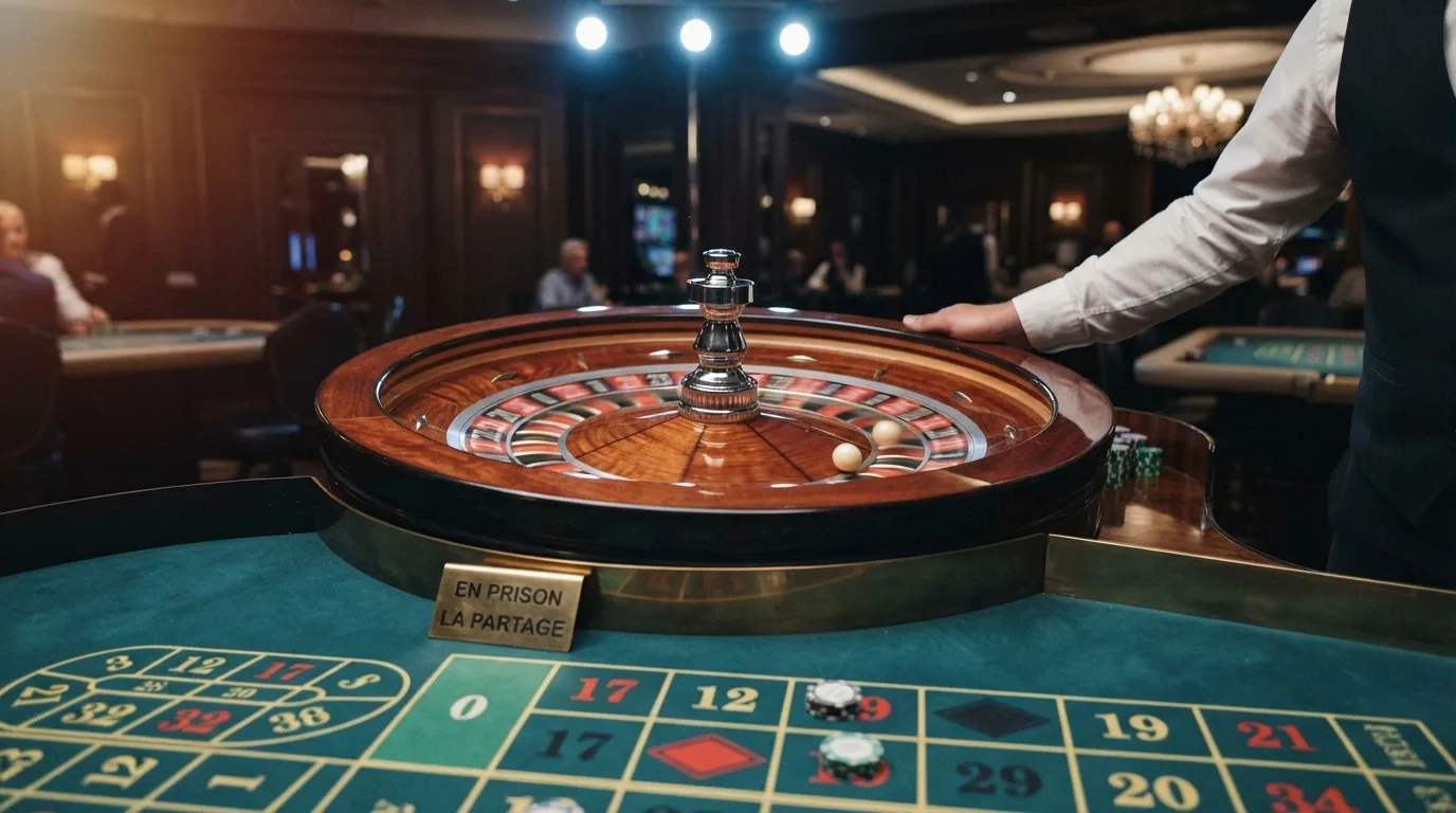 Ruota della roulette francese in rotazione con la pallina visibile, primo piano del panno verde con il tracciato delle puntate e il riquadro La Partage evidenziato
