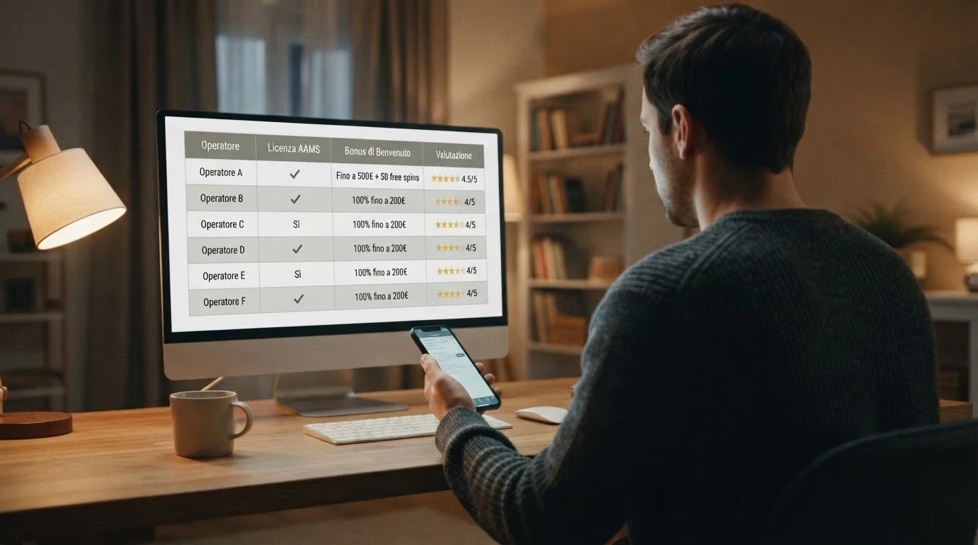 Un giocatore seduto al computer con lo smartphone in mano, lo schermo del PC mostra la lista dei casinò ADM, l'espressione è serena e consapevole