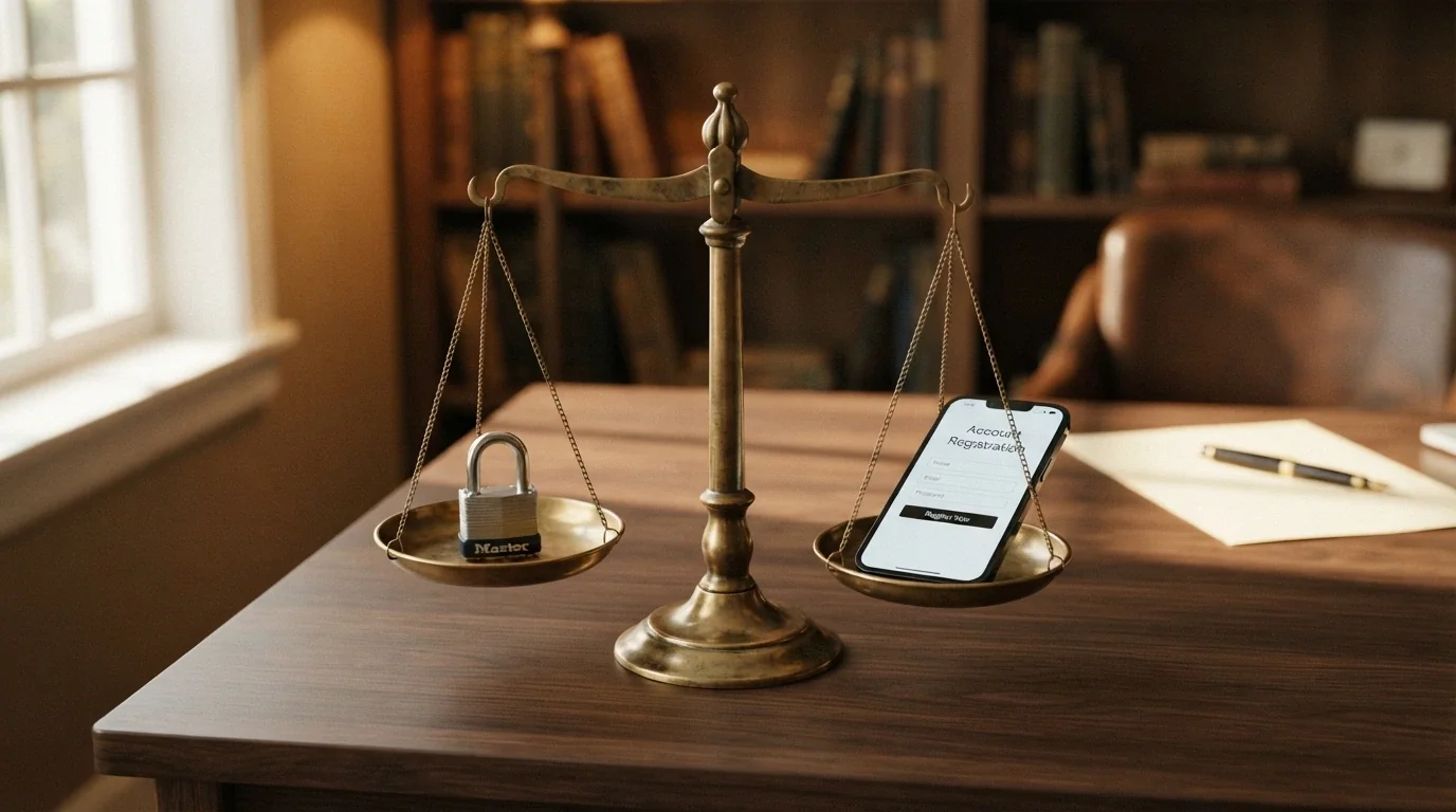 Una bilancia che pesa un lucchetto da un lato e uno schermo con modulo di registrazione dall'altro
