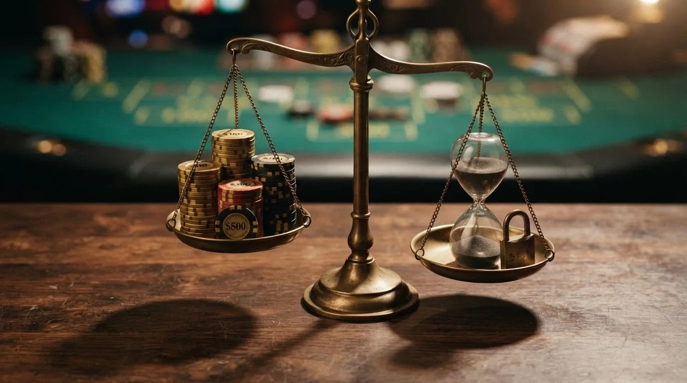 Una bilancia che pesa da un lato il valore nominale di un bonus e dall'altro i requisiti di wagering e la validità, con il piatto dei requisiti più pesante