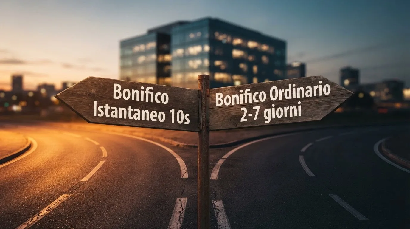 Un bivio stilizzato: a sinistra un cartello con la scritta «Bonifico Istantaneo 10s», a destra un cartello «Bonifico Ordinario 2-7 giorni», sullo sfondo la sagoma di un casinò online