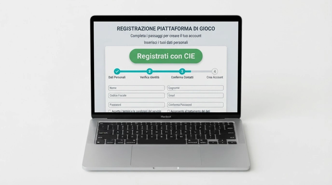L'interfaccia di registrazione di un casinò online con il pulsante «Registrati con CIE» in evidenza e una barra di avanzamento a quattro step