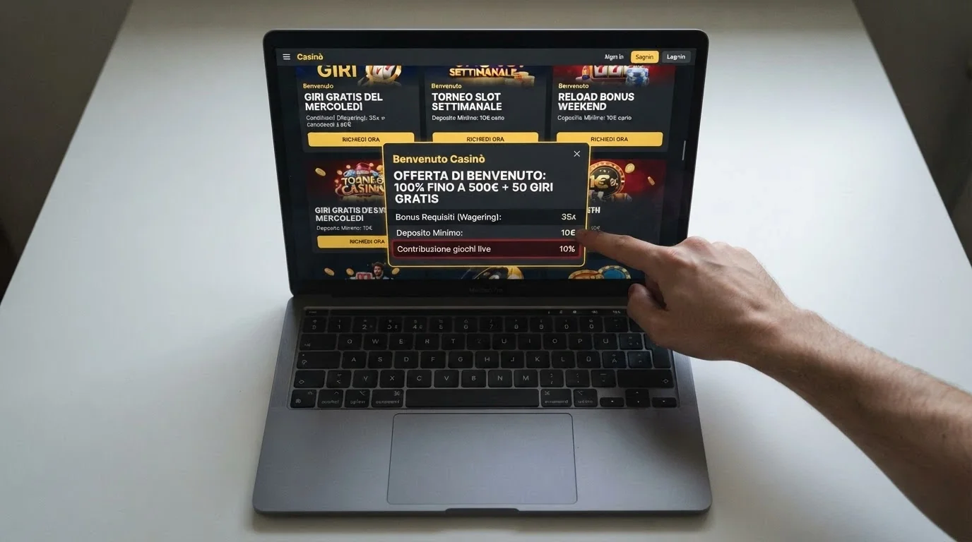 Schermata della sezione promozioni di un casinò live italiano, con i termini e condizioni di un bonus di benvenuto aperti e la voce «Contribuzione giochi live» evidenziata