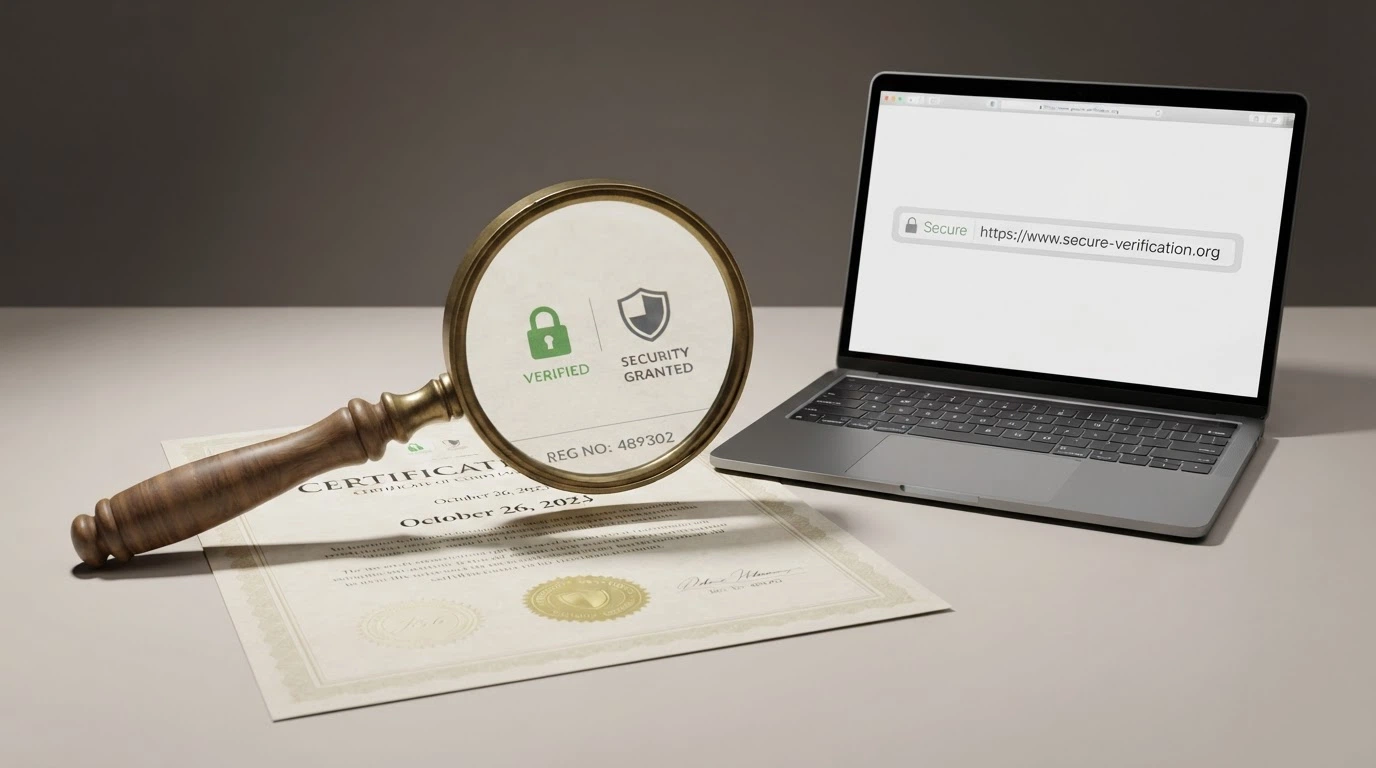Una lente di ingrandimento su un certificato di licenza e sul lucchetto HTTPS nella barra degli indirizzi