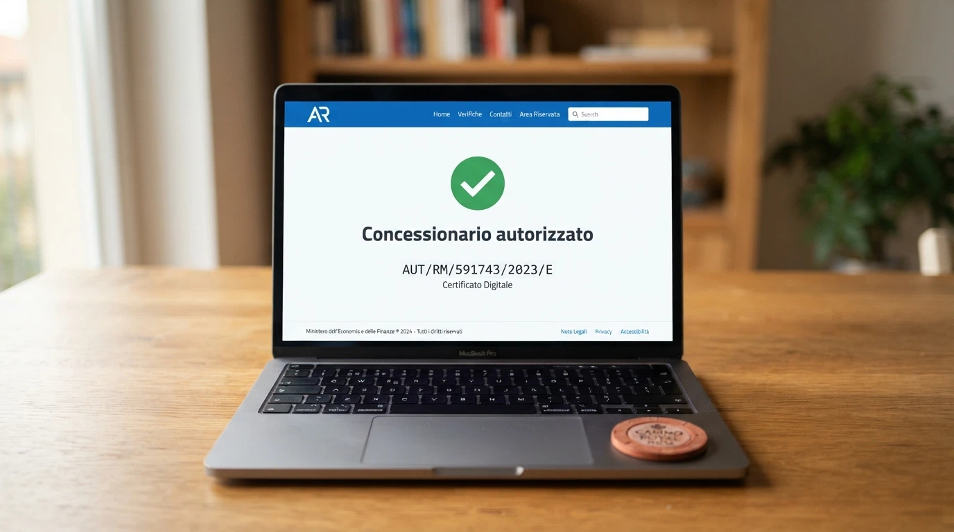 Logo ufficiale dell'Agenzia delle Dogane e dei Monopoli su sfondo istituzionale blu, con il testo «Concessionario autorizzato» e un numero di concessione leggibile