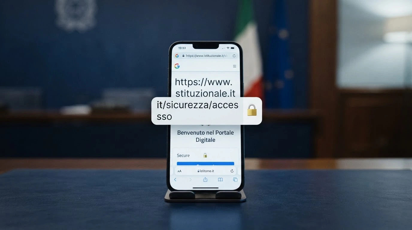 Il logo ufficiale dell'Agenzia delle Dogane e dei Monopoli affiancato a un iPhone che mostra il dominio .it nella barra degli indirizzi del browser, sfondo istituzionale blu