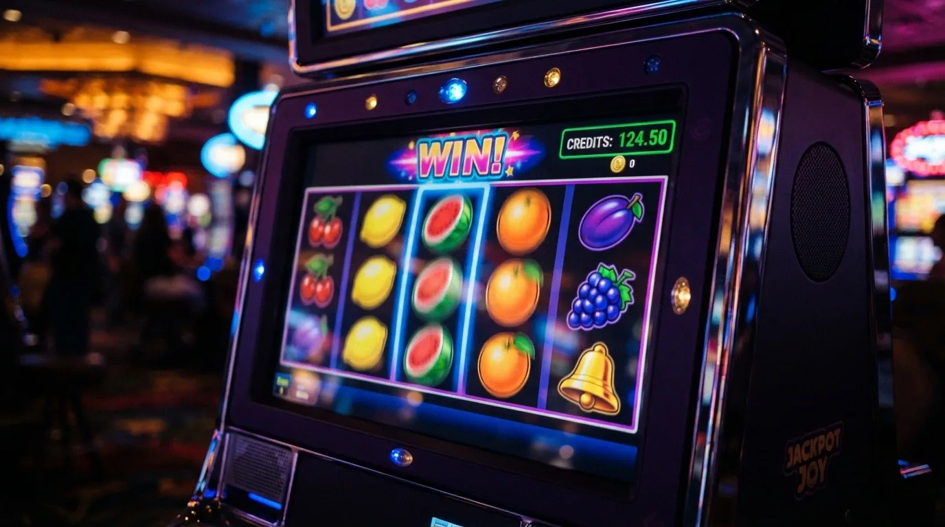 Interfaccia di una slot online colorata con rulli, simboli frutta e il saldo in DOGE visibile nell'angolo