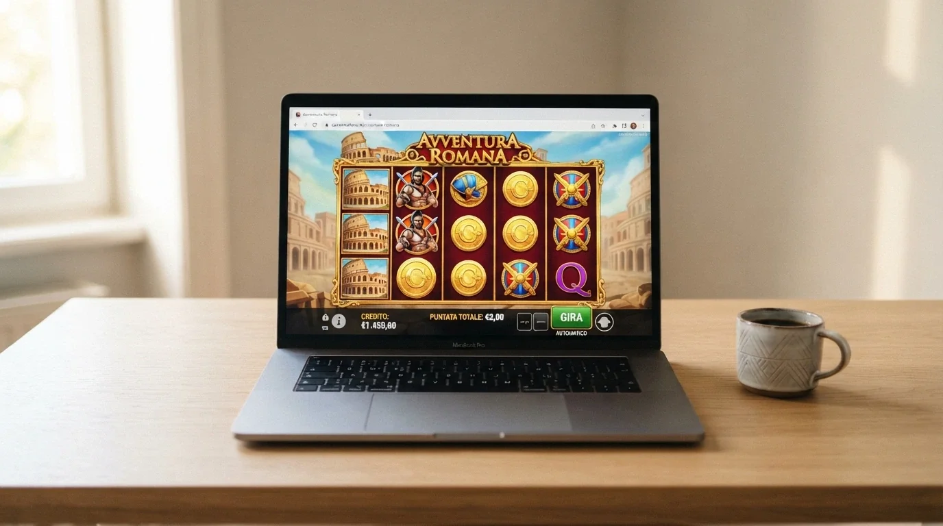 Un computer portatile aperto con una slot machine in esecuzione direttamente nel browser, senza icone di app installate sul desktop