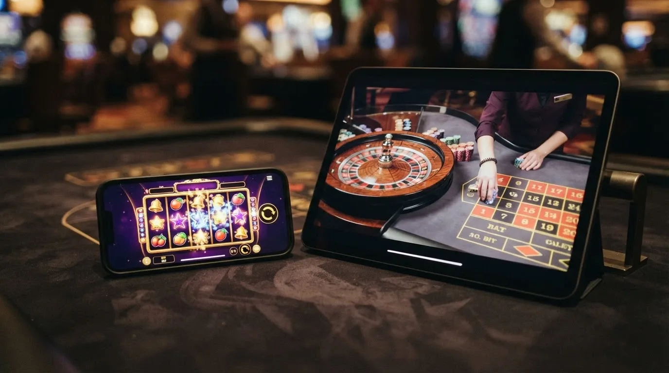 Due schermate affiancate: a sinistra una slot online colorata con rulli in movimento, a destra un tavolo da live casino con croupier in streaming
