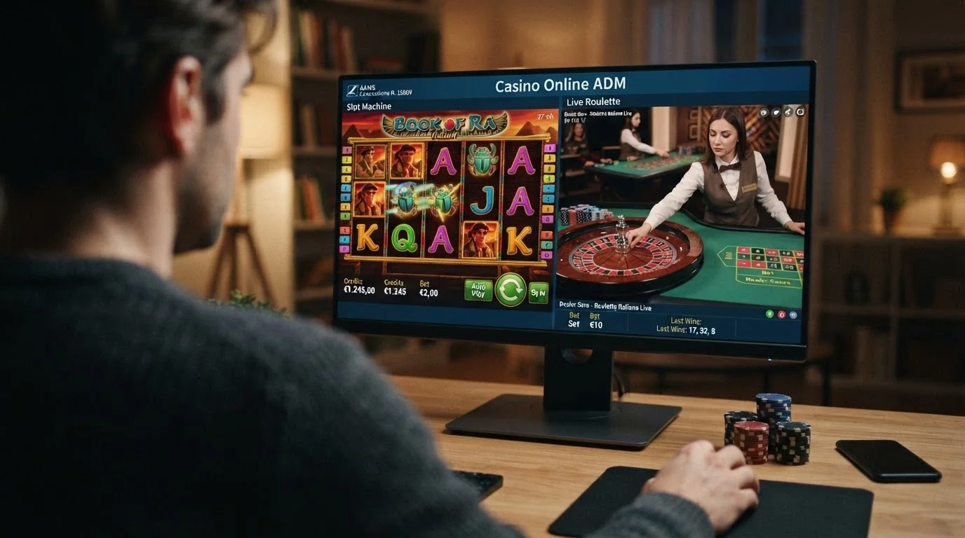 Una schermata di slot machine digitale con rulli in movimento e, sullo sfondo sfocato, un tavolo da live casino con croupier in collegamento video