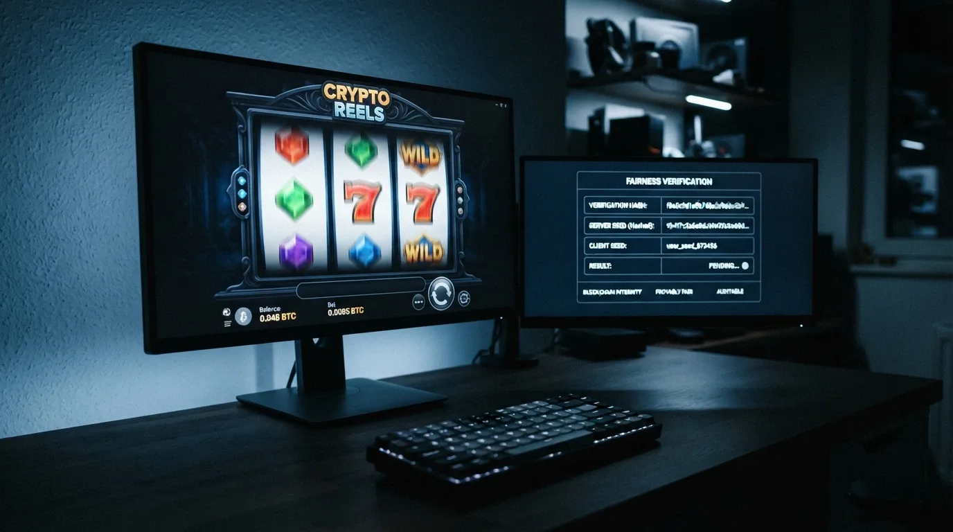 L'interfaccia di un gioco provably fair su desktop con il pannello di verifica crittografica aperto accanto ai rulli della slot