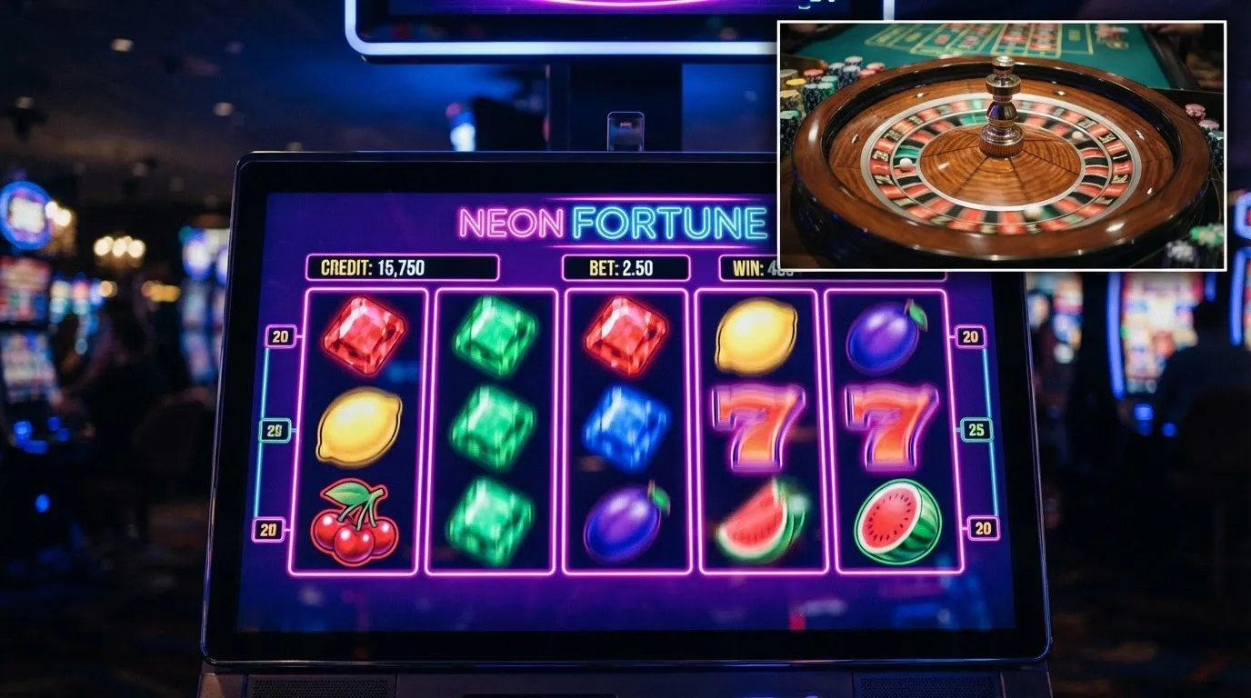Una schermata di slot machine online con una roulette live in sovraimpressione, circondata dai loghi di Pragmatic Play, NetEnt ed Evolution Gaming