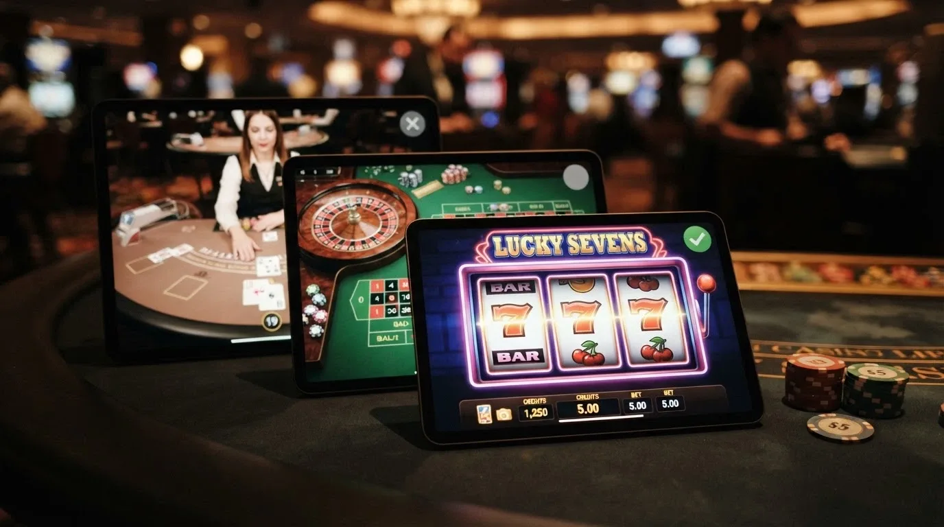 Tre schermate sovrapposte: una slot machine attiva, un tavolo di roulette con il panno verde e un tavolo da casinò live con un croupier inquadrato, con un segno di spunta verde sulla slot e una X grigia sul live