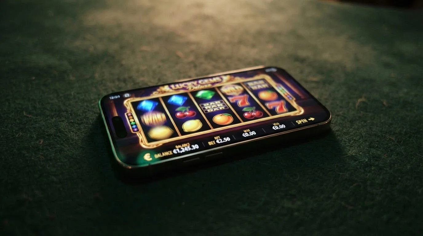 Schermata di una slot machine in esecuzione su app casinò Android, con i rulli in movimento e il pannello delle puntate in sovrimpressione