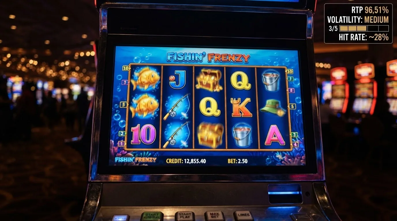Una schermata di slot machine in primo piano con la tabella RTP e volatilità sovrapposta in trasparenza