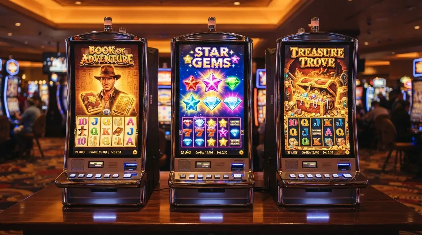 Tre slot machine affiancate con schermi luminosi che mostrano simboli diversi: un libro dorato, stelle multicolori e un esploratore