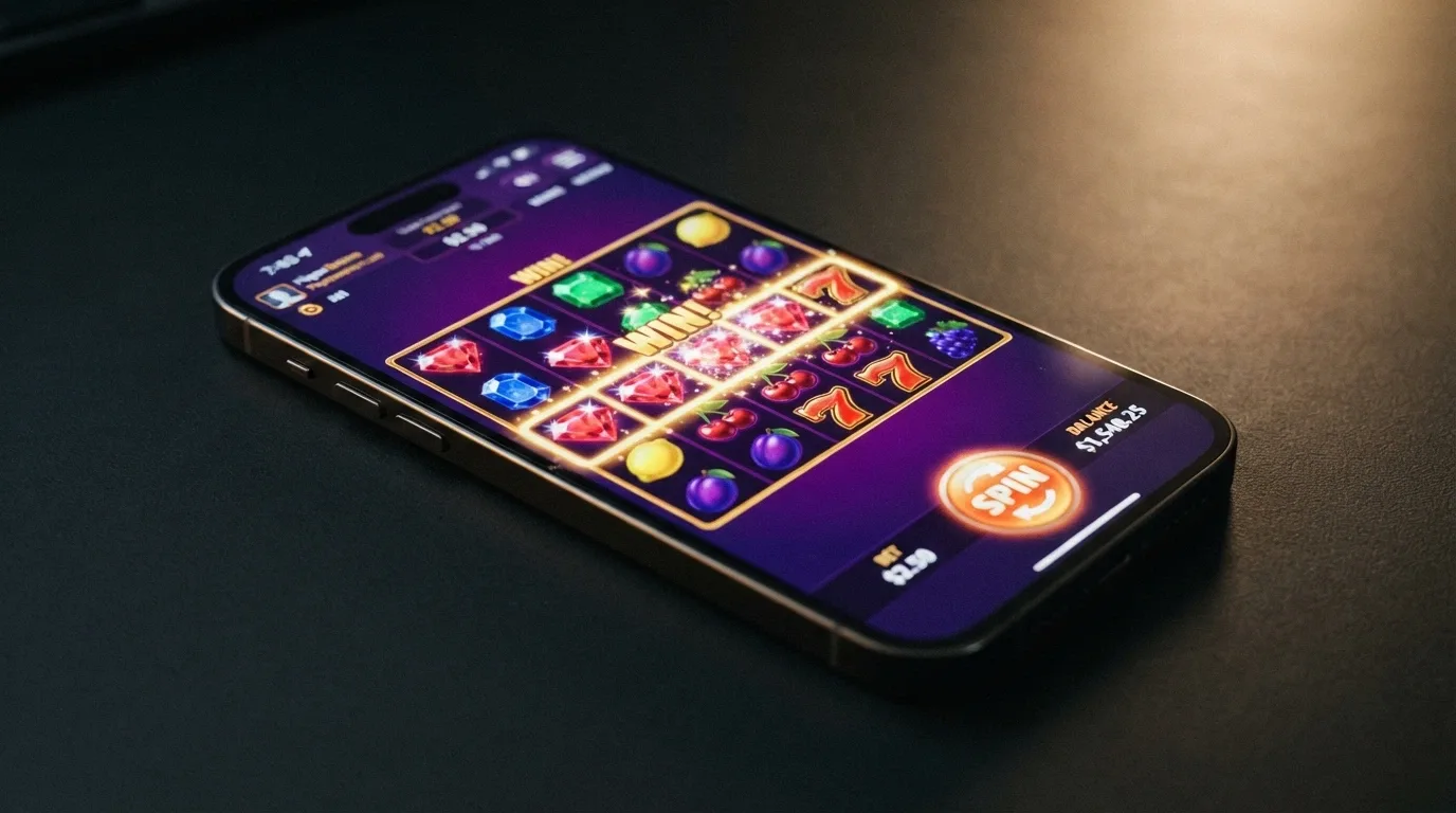 Una slot machine in esecuzione sullo schermo di un iPhone in orientamento orizzontale, i rulli animati e l'interfaccia touch ottimizzata per iOS, colori vivaci
