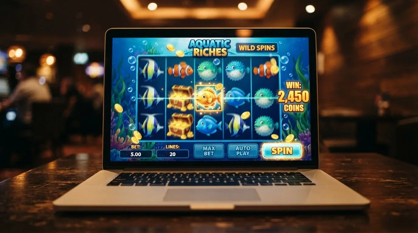 Schermata di una slot online con rulli in movimento, simboli colorati e contatore delle vincite attivo