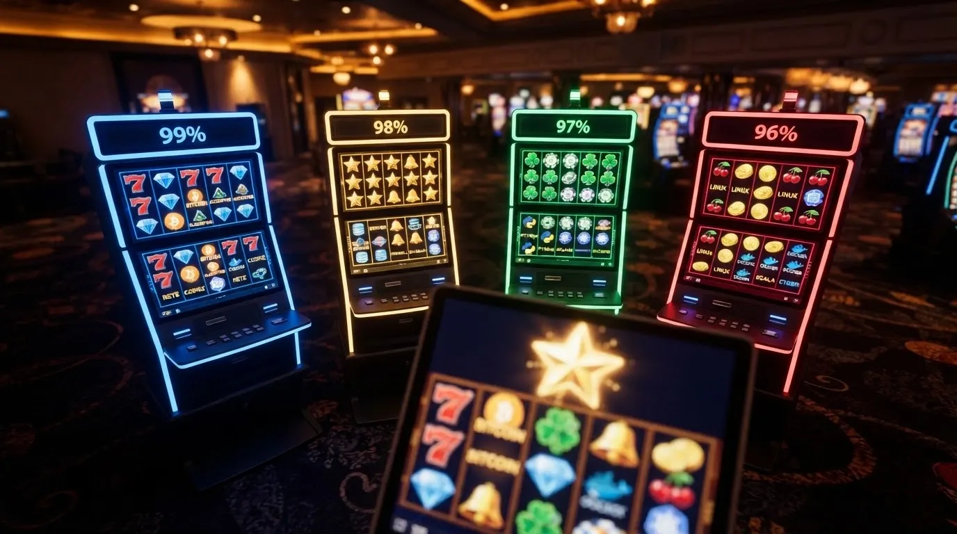 Una griglia di slot machine colorate con il valore RTP in evidenza su ciascuna, in primo piano il simbolo scatter di una slot attivata