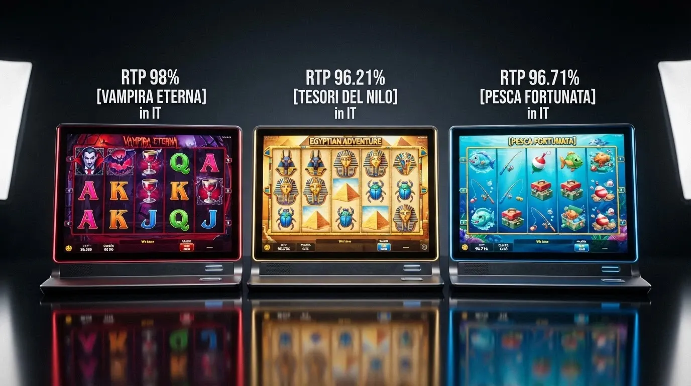Tre slot machine online affiancate (Starburst, Book of Dead, Blood Suckers) con l'RTP in evidenza su ciascuna
