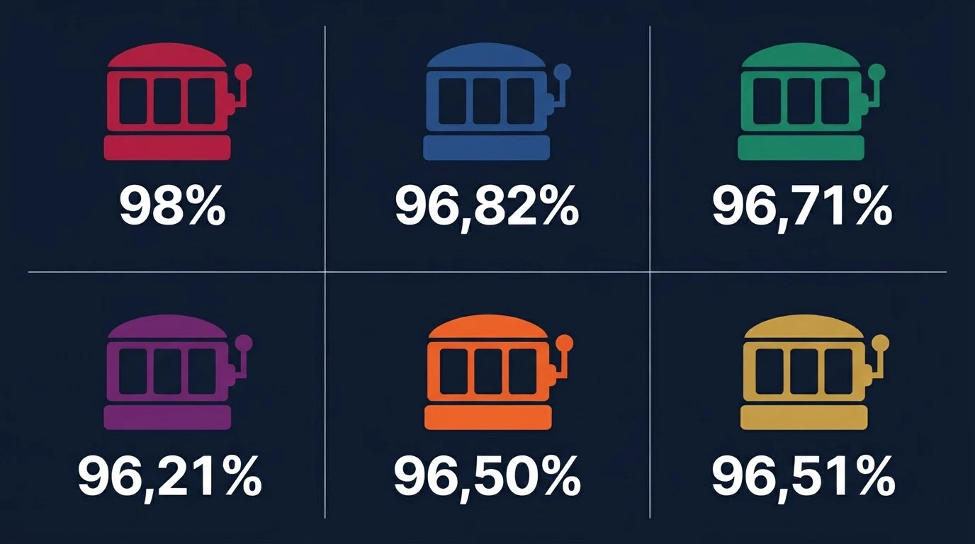 Una griglia di sei icone di slot online famose (Blood Suckers, Dead or Alive 2, Big Bass Bonanza, Book of Dead, Gates of Olympus, Sweet Bonanza) con il rispettivo RTP in percentuale sovraimpresso in grande